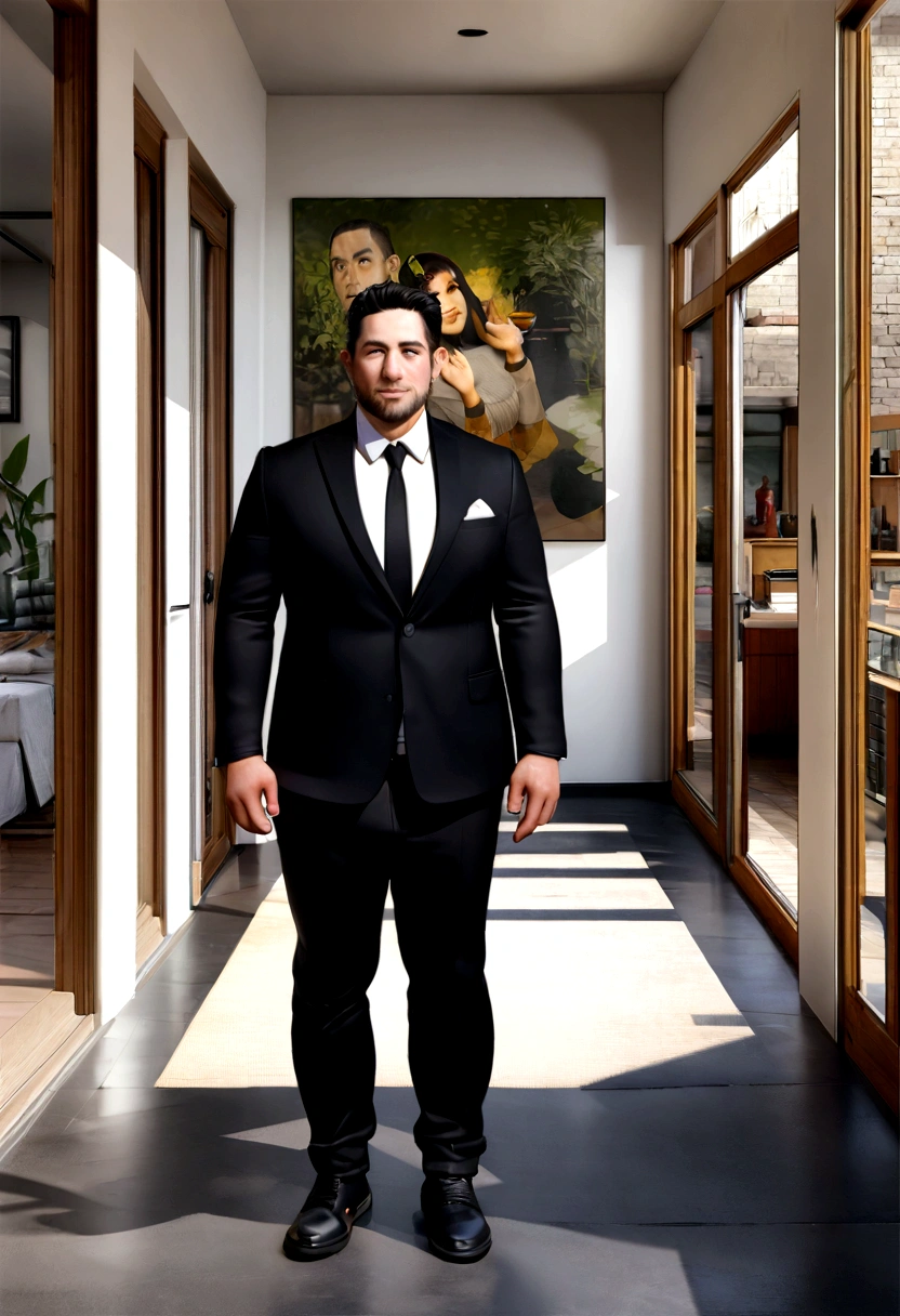 Hyperrealistic 3D Cartoon style character, 32 year old man, ideal fat body, short black hair, and wearing black suit and white shirt and black tie, yuppie, black olive, bohemian, dark academia interior design, contemporary architecture , photopainting, autodesk maya, boho clothing, blazers