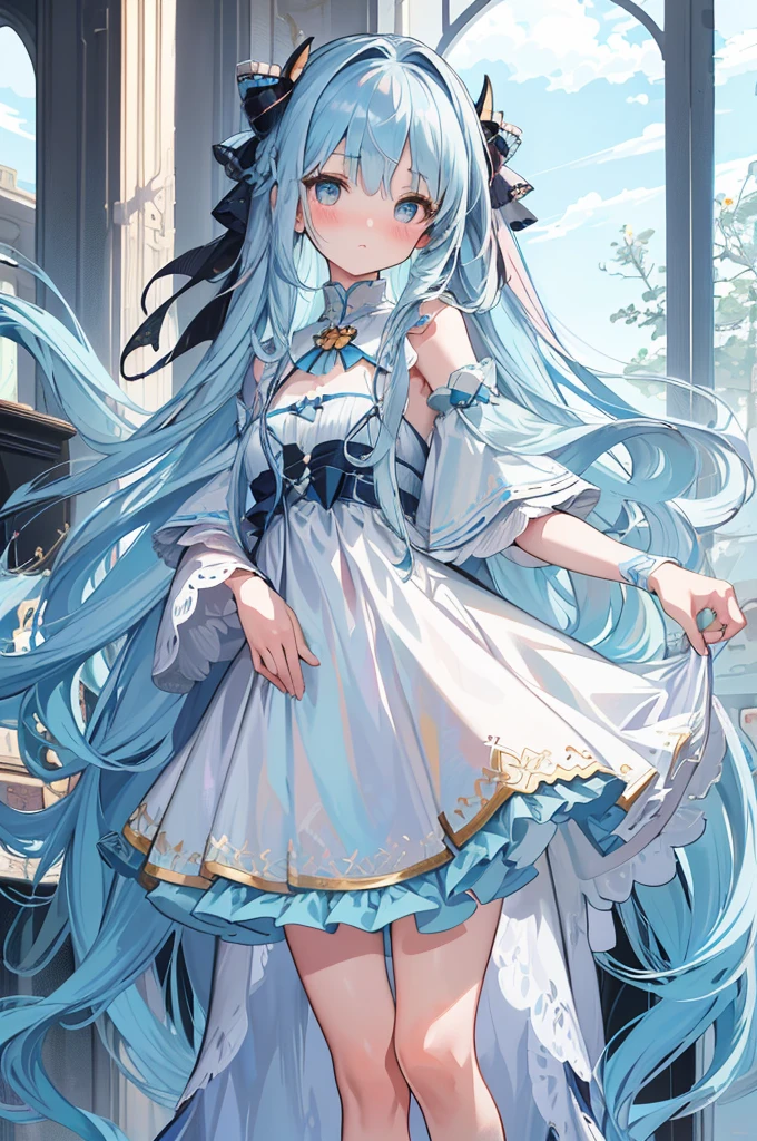 masterpiece, best quality, extremely detailed, (illustration, official art:1.1), 1 girl ,(((( light blue long hair)))), ,(((( light blue long hair)))),light blue hair, long hair ((blush)) , cute face, big eyes, masterpiece, best quality,,tareme,Baby Face,flat chest,#3b4195 background,beautiful flowers, cherries,fern,foliage,Watercolor pattern in calm colors),(Watercolor texture), ((1girll),ultra long detailed hair,adorable),((super detailed), #3b4195 background, beautiful flowers, cherries, ferns, leaves, watercolor pattern of calming colors), (watercolor texture), ((1 girl), long hair, cute,
