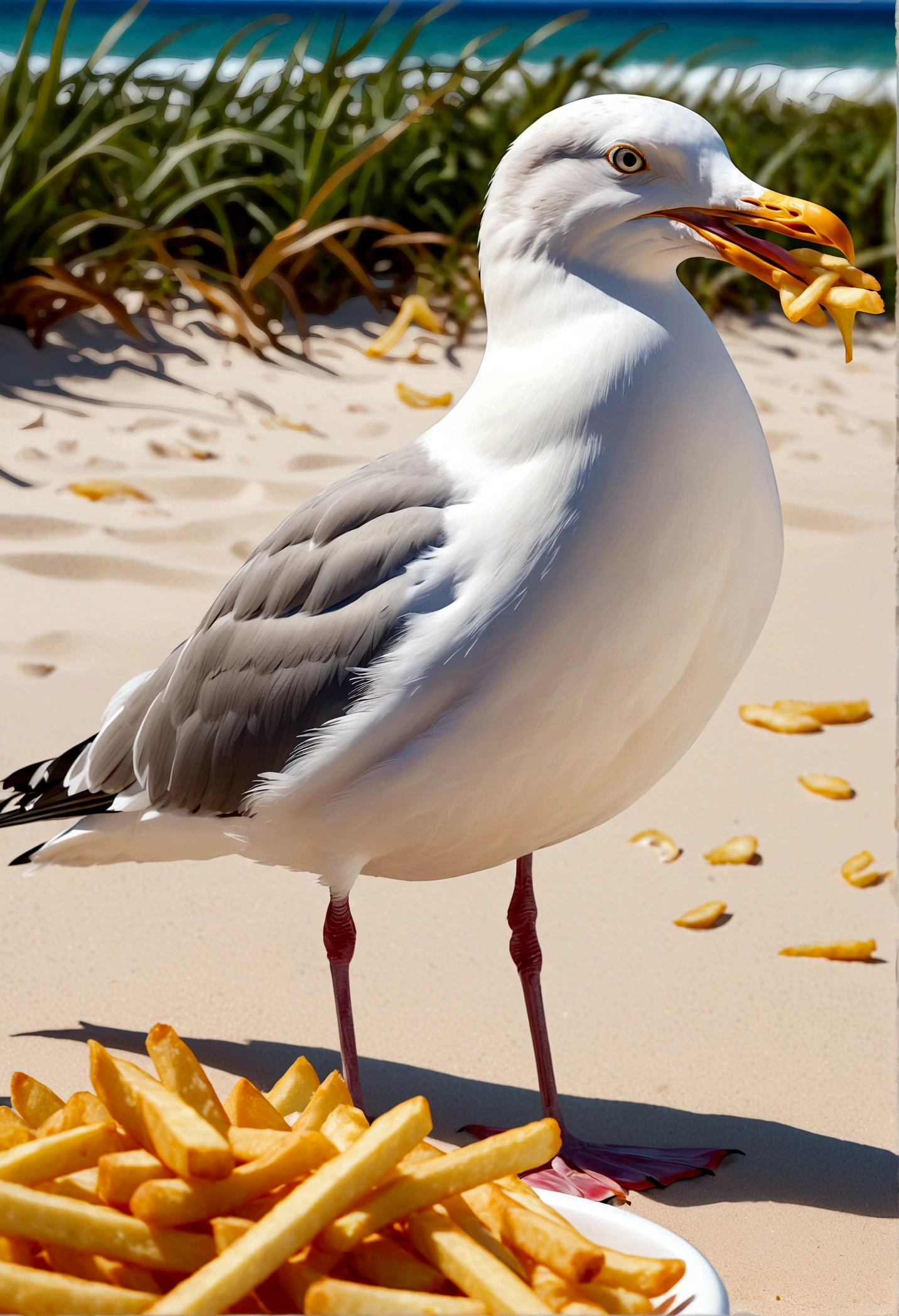 a seagull eating french fries, ultra detailed, photorealistic, 1 seagull, seagull with an open beak, beautiful detailed eyes and beak, seagull on the beach, seagull against a blue sky, seagull standing on the sand, seagull with a french fry in its beak, seagull with an inquisitive expression, seagull in a natural environment, natural lighting, high quality, realistic, detailed texture, vivid colors