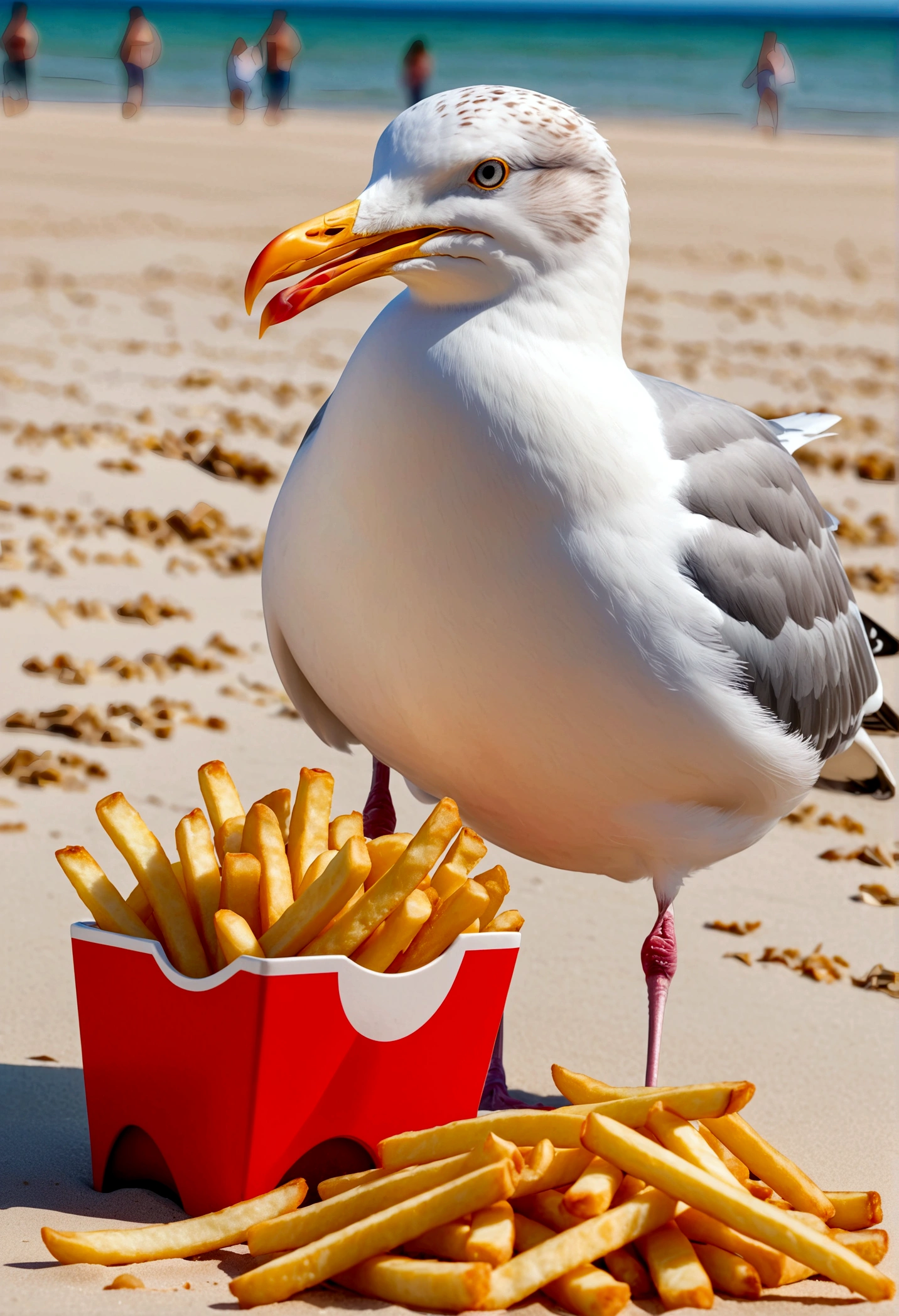 a seagull eating french fries, ultra detailed, photorealistic, 1 seagull, seagull with an open beak, beautiful detailed eyes and beak, seagull on the beach, seagull against a blue sky, seagull standing on the sand, seagull with a french fry in its beak, seagull with an inquisitive expression, seagull in a natural environment, natural lighting, high quality, realistic, detailed texture, vivid colors