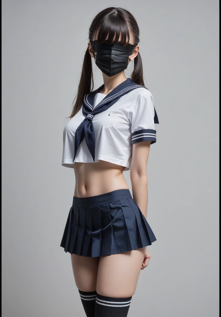 score_9,score_8_superior,score_7_superior, masterpiece, sauce_photograph, (Realistic:1.4), 4K, Simple Background, Amazing depth, Double Exposure, Surreal, Exquisitely crafted, Perfect balance, Deep and thin border, artistic photographrealism, Smooth,
One girl, , Japanese Girls, Teen, Young , pigtails hair with bangs, (bangs:1.2), (Blindfold:1.4), (black mouth mask), School_uniform, Sailor_uniform, short_sleeve, Crop top, Large Breasts, belly button, (mini skirt:1.2), Knee-high socks, loafers, Hands behind back