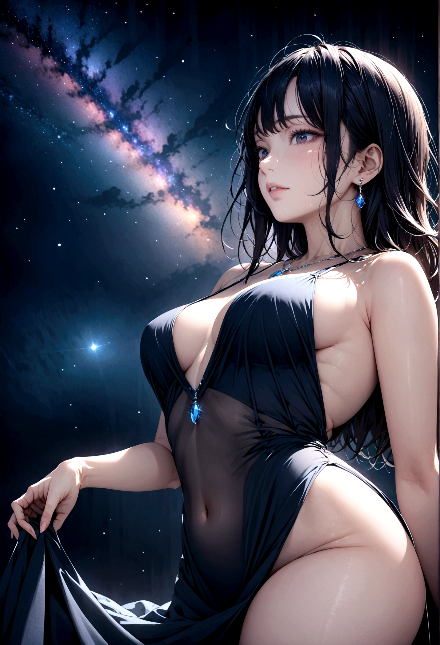 8k, masterpiece, RAW Photos, Highest quality, Realistic, Very detailed, Depth of written boundary, Cinematic Light, Anatomically correct body,
One elegant beautiful mature woman, Wavy black long hair, Very beautiful face, Exquisitely detailed face, Goddess-like deity々Beautiful,
Glamorous Body, Very sensitive skin, Transparent white skin, Beautiful thighs,
See-through high slit dress, Detailed cloth texture, Gorgeous necklace, Gorgeous earrings,
Dark starry background, Milky Way Galaxy, Meteors, Dark coastline at night, Pitch black sea surface,
Low angle shot,