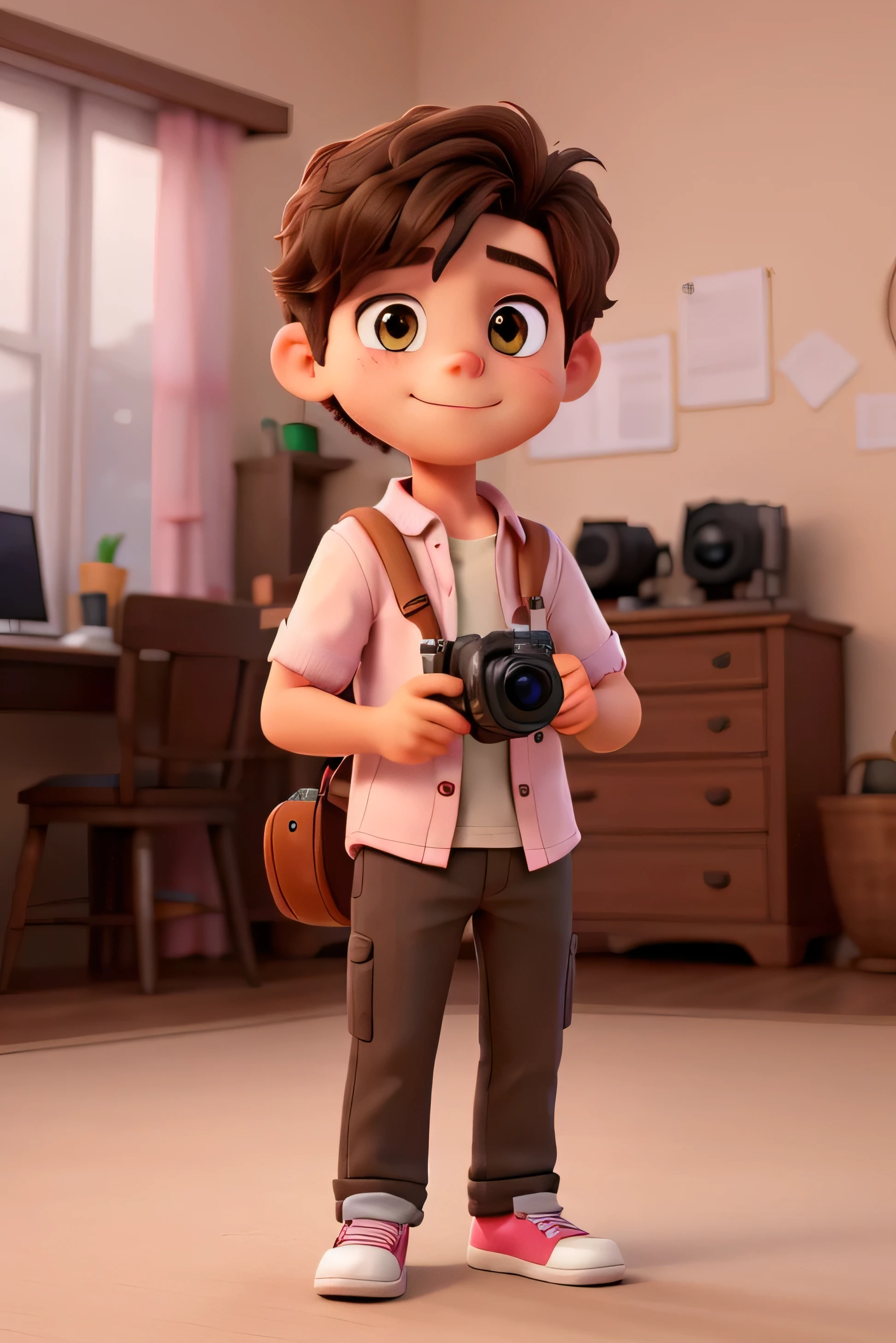 Cute boy holding a camera in his both hands wearing pink white wearing white shirt brown eyes brown eyes