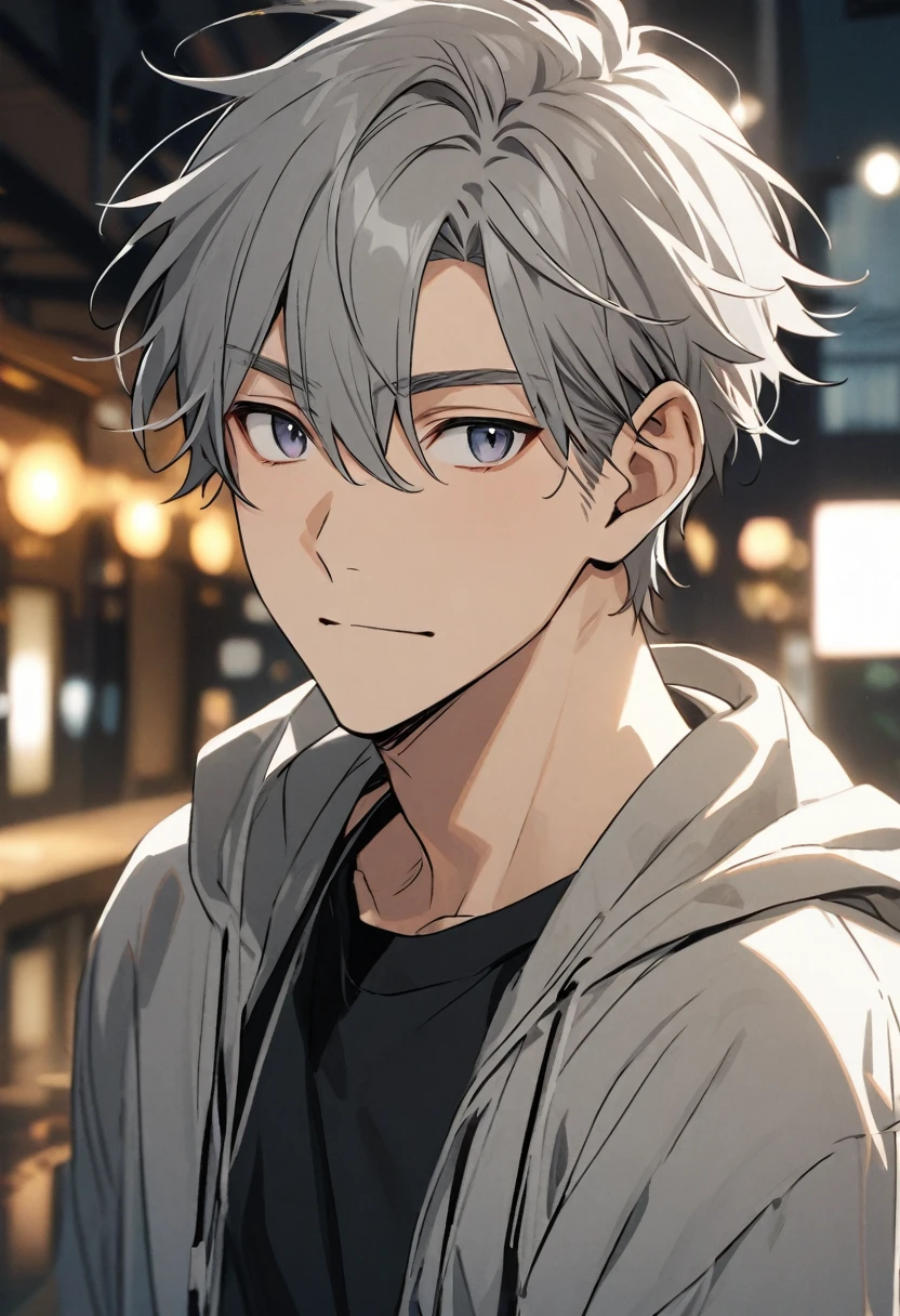 Grey haired man 28 years old