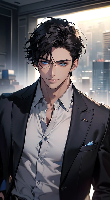 (best quality, masterpiece, 8K, photorealistic, cinematic lighting, hdr image, ultra detailed, beautiful image), a mature man, very handsome, smile, short black hair, blue eyes, perfect face without errors, ((buttoning the jacket, CEO))