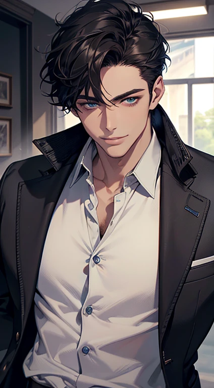 (best quality, masterpiece, 8K, photorealistic, cinematic lighting, hdr image, ultra detailed, beautiful image), a mature man, very handsome, smile, short black hair, blue eyes, perfect face without errors, ((buttoning the jacket, CEO))