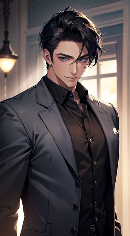 (best quality, masterpiece, 8K, photorealistic, cinematic lighting, hdr image, ultra detailed, beautiful image), a mature man, very handsome, smile, short black hair, blue eyes, perfect face without errors, ((buttoning the jacket, CEO))