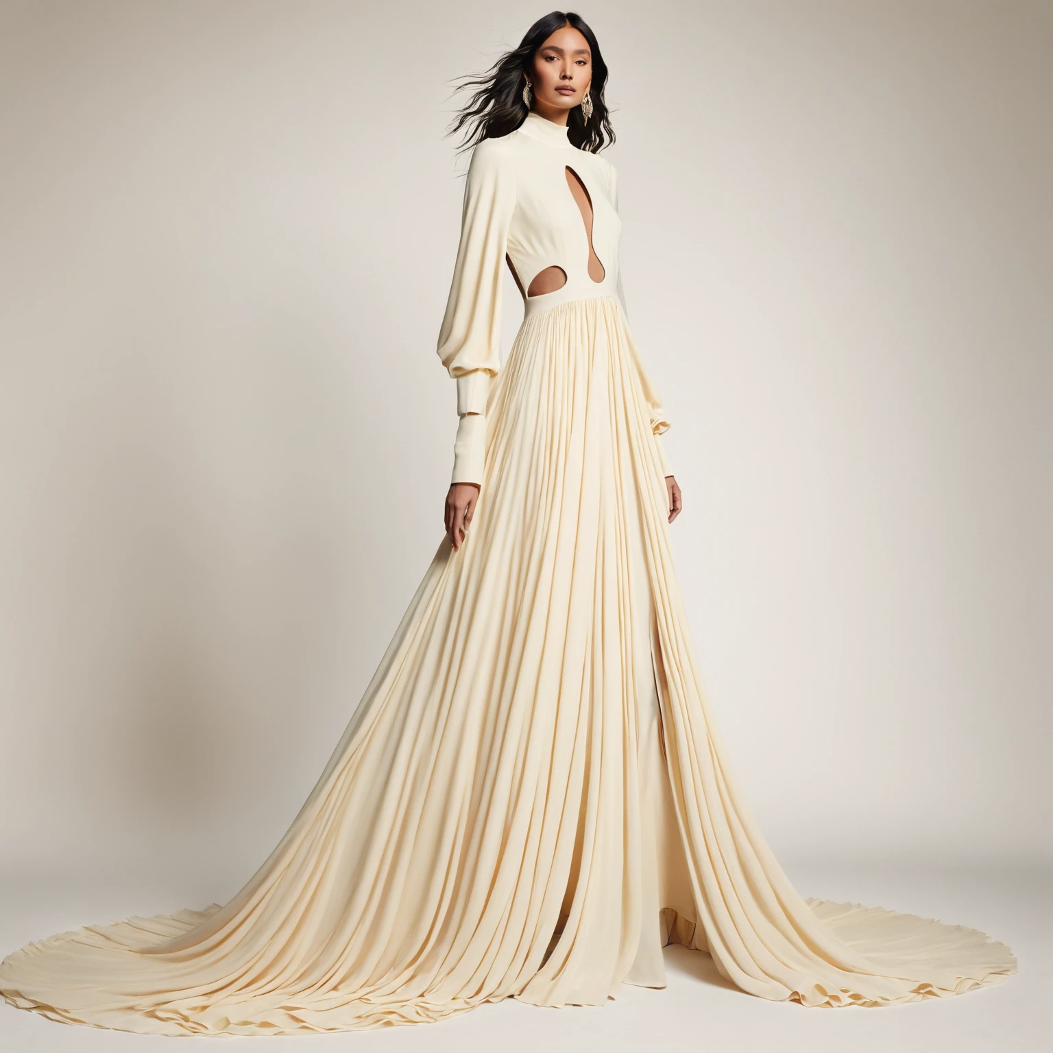 a woman in a flowing cream dress. The dress features a high neck and long sleeves, with a large cutout on the back, and the fabric cascades down into a dramatic, floor-length train. The garment is crafted with waves and layers of fabric, creating a sense of movement and depth.

