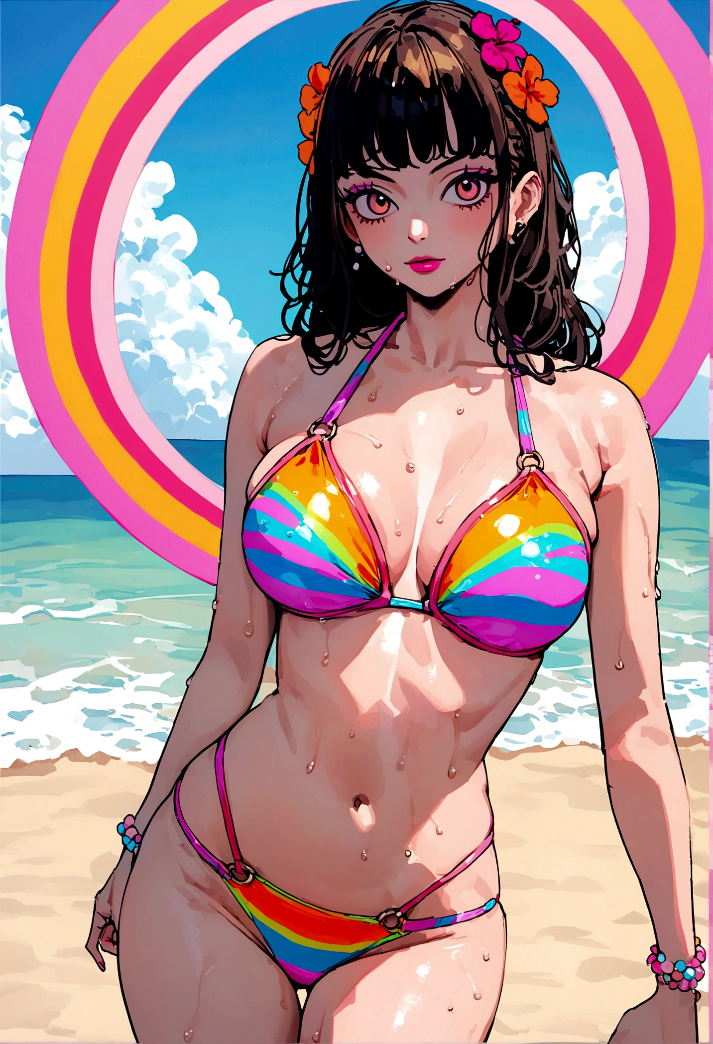 araffed woman in a pink and orange bikini on the beach, is wearing a swimsuit, monokini, swimsuit, swimsuit model, pink body, bathing suit, wearing pearl neon bikini, wet swimsuit, one piece, official, instagram model, wearing two - piece swimsuit, psychedelic swimsuit, bikini model, 7 2 0 p, 720p, neon vibes