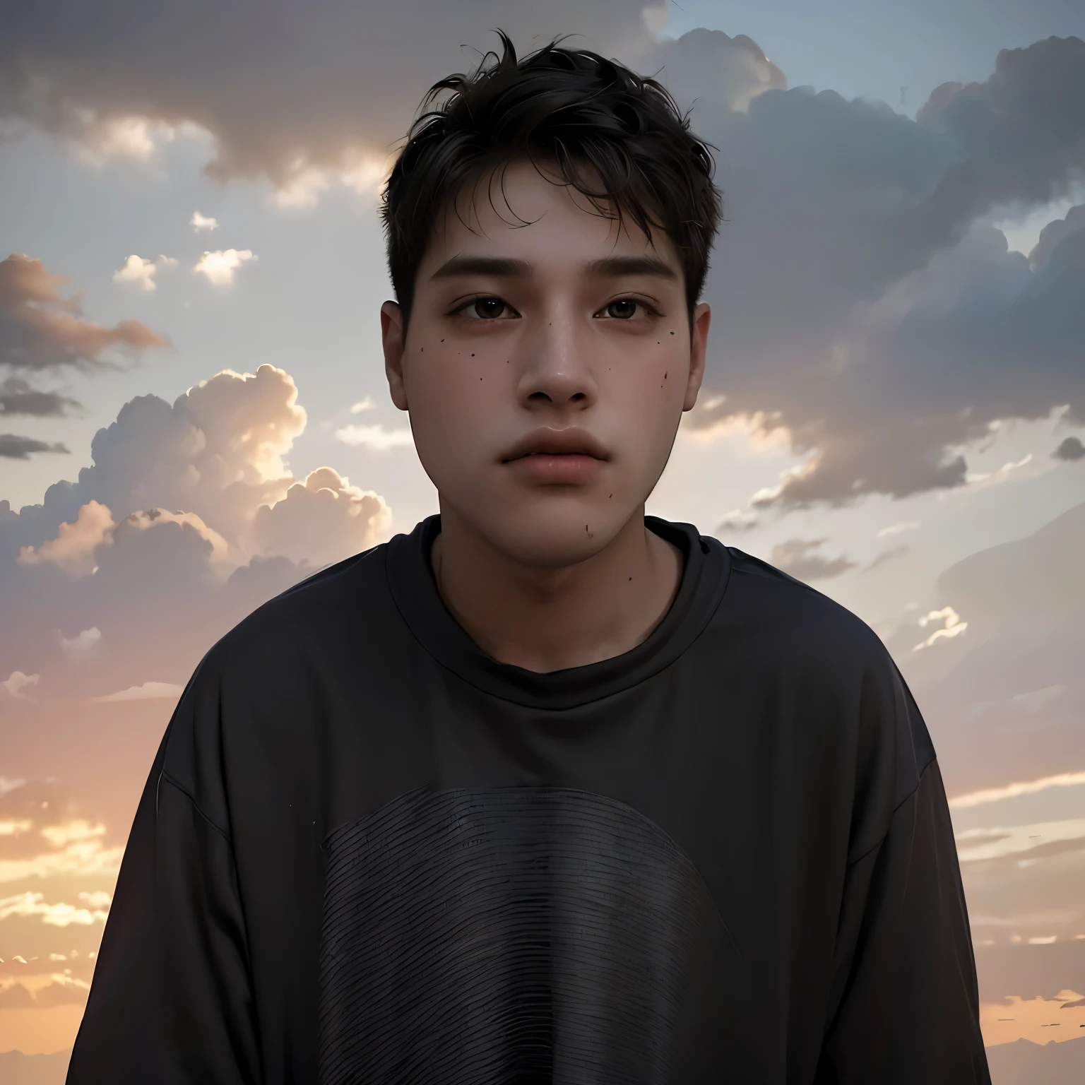 (masterpiece:1.2), (best quality:1.2), hyper realistic,highestres,absurdres,extremely detailed,volumetic,dramatic lighting,(frontal view),
20 year old boy,face,detailed eyes, black hoodie, black t-shirt