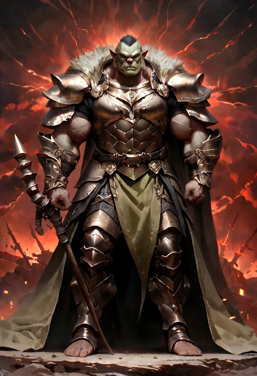 Game character standing drawing design,Orc female,Leather armor,Fur shoulders,Stout limbs,Strong muscles,The barefoot,Holding a huge barbed stick,Different layers overlay,Different angles,(Back all over the body:1.4),solid color backdrop,clean backdrop,depth of fields,high light,Real light,Ray traching,OC renderer,UE5 renderer,Hyper-realistic,best qualtiy,8K,Works of masters,super-fine,Detailed pubic hair,Correct anatomy,