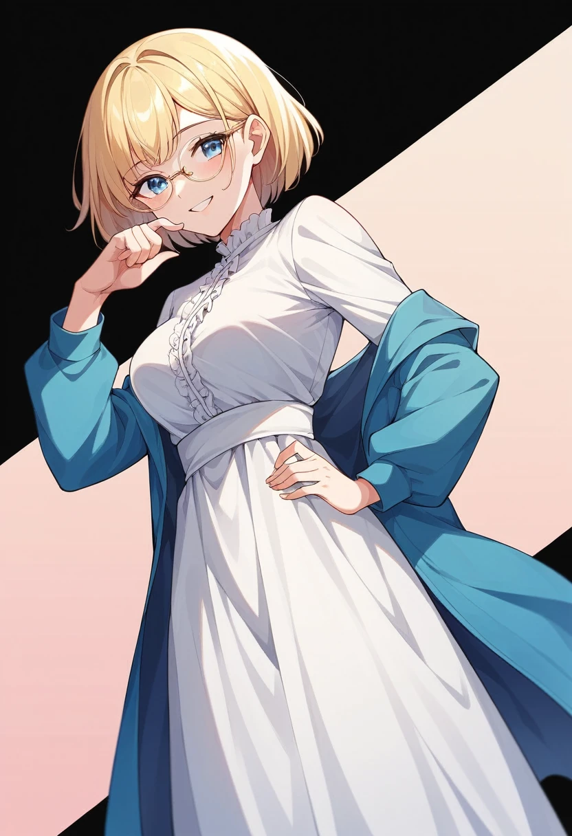 beautiful woman, beautiful face, solo, standing, medium bob cut blonde hair, light blue eyes, two points glasses, medium breasts, blue opened short jacket, white blouse, white pleats long skirt, soft smile, (pinch one's her glasses), temptation pose, black background, no background, pastel 2d art, matte painting, anime, masterpiece 