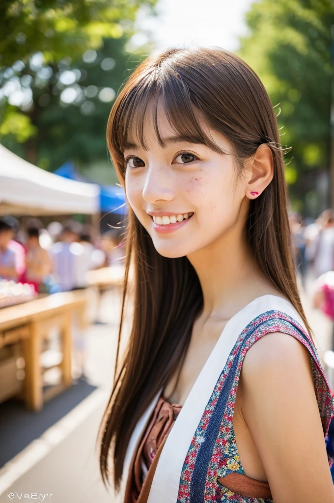 Japanese traditional kimono, flower pattern yukata, summer festival night stall,  high school stuody)), ((photo)), ((best qualtiy, 8K, tmasterpiece:1.3)), Focus:1.2, perfect figure beautiful girl:1.4, 1girl, cowboy shot, look at viewer, incredibly absurd, beautiful and cute girl with a photorealistic face, showcasing top-quality craftsmanship, A Japanese girl walking around looking at the food stalls at a summer festival on a night, 15 years old, straight hches about 10cm below the shoulders, light brown hair color, shiny hair, bangs cut straight above the eyes, hair tucked behind the ears, soft round face, large almond-shaped eyes, light brown eye color, long eyelashes, thin and neat eyebrows, small nose with a straight bridge, cherry-colored lips, bright smile, white teeth, smooth skin, fair skin, light pigmentation, freckles, average height, supple body, well-balanced proportions, small A-cup breasts, beautiful girl, neat, moe, cheerful, curious, friendly, polite, responsible, likes festivals and events, August