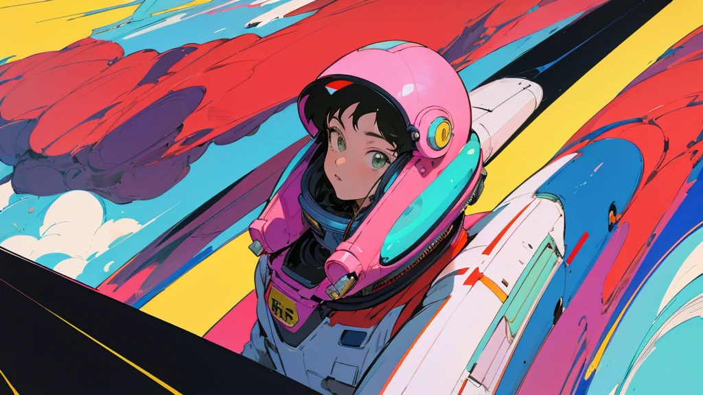 Cartoon character wearing a space suit flying a plane, Portrait anime astronaut girl, Pilot Girl, cute Pilot Girl, lo-fi girl, Akira art style, macross style, Akira-style illustration, style of akira motion movie, M Cross, Akira Vibe, Inspired by Josan Gonzalez, Lofi Art, Admire the art style, 80s anime art style