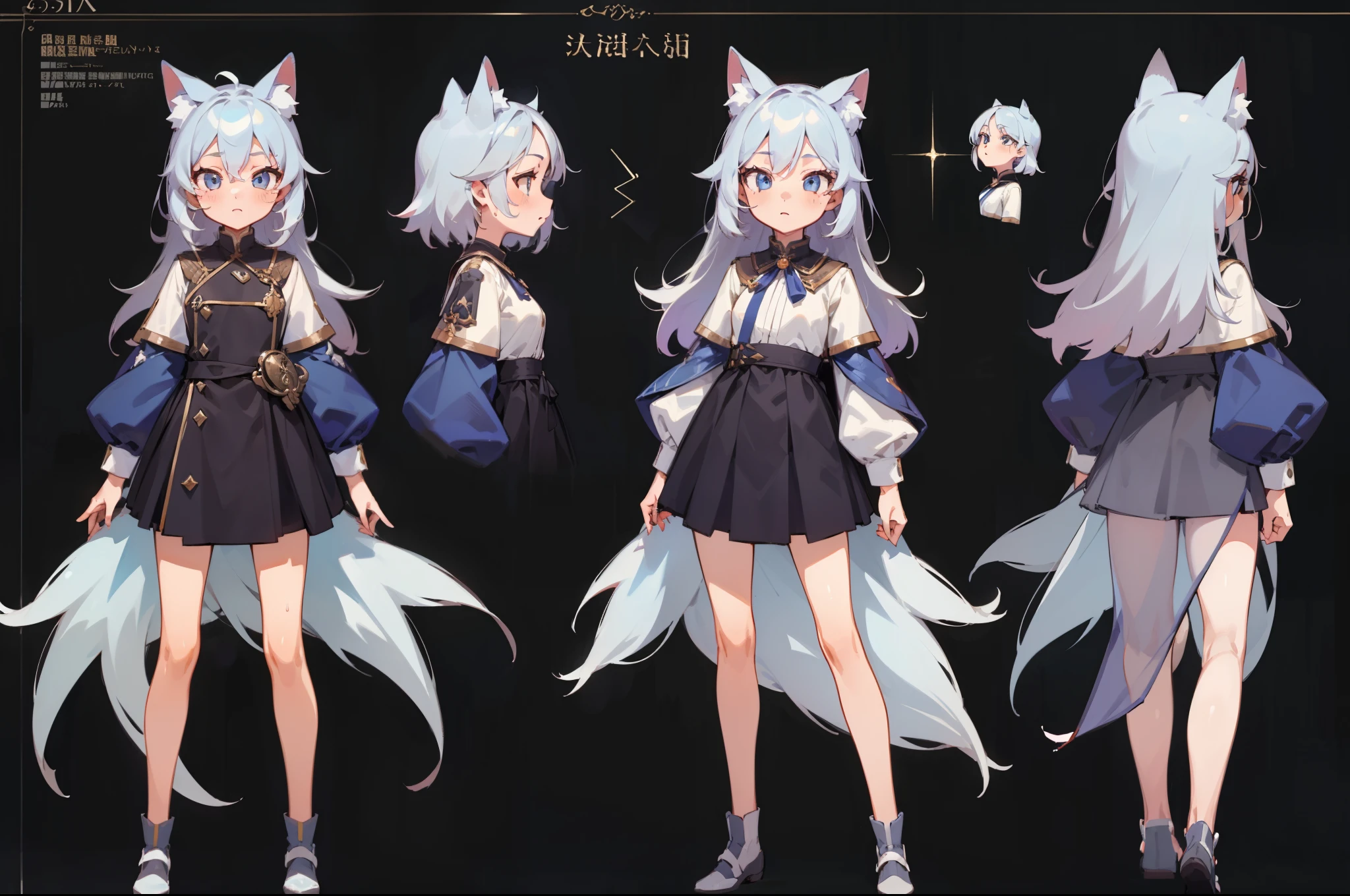 ((masterpiece, Highest quality)), ((tsurime)),Detailed face, Character Sheet, Full Body Lesbian, One girl,show,Full of details, Various poses and expressions, Very detailed, depth, A graceful wild fox girl with mostly silver hair, Sparkling eyes, Delicate skin, 青い髪のYouTuberCharacter Sheet, whole body, sexy