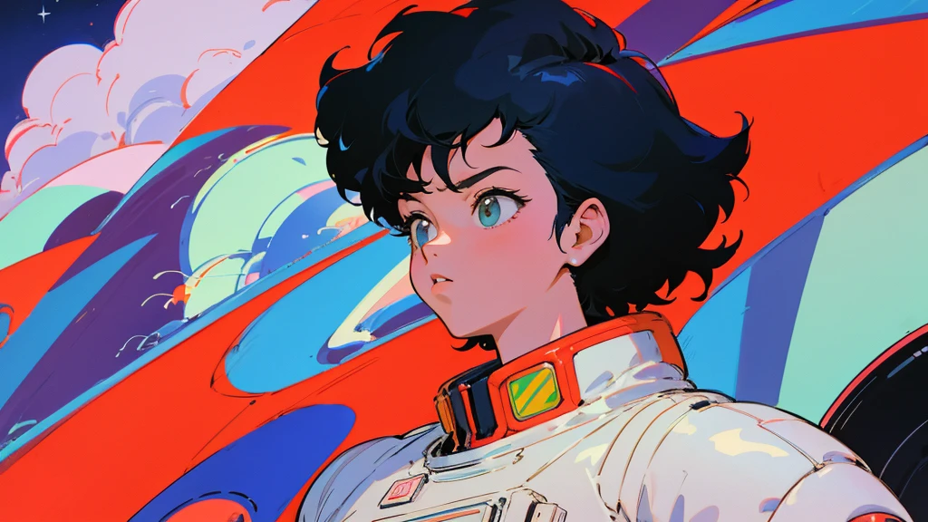 Cartoon character wearing a space suit flying a plane, Portrait anime astronaut girl, Pilot Girl, cute Pilot Girl, lo-fi girl, Akira art style, macross style, Akira-style illustration, style of akira motion movie, M Cross, Akira Vibe, Inspired by Josan Gonzalez, Lofi Art, Admire the art style, 80s anime art style