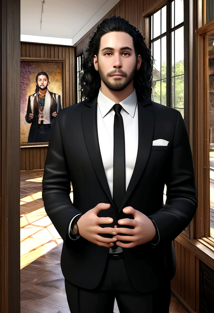 Hyperrealistic 3D Cartoon style character, 32 year old man, ideal fat body, short black hair, and wearing black suit and white shirt and black tie, yuppie, black olive, bohemian, dark academia interior design, contemporary architecture , photopainting, autodesk maya, boho clothing, blazers