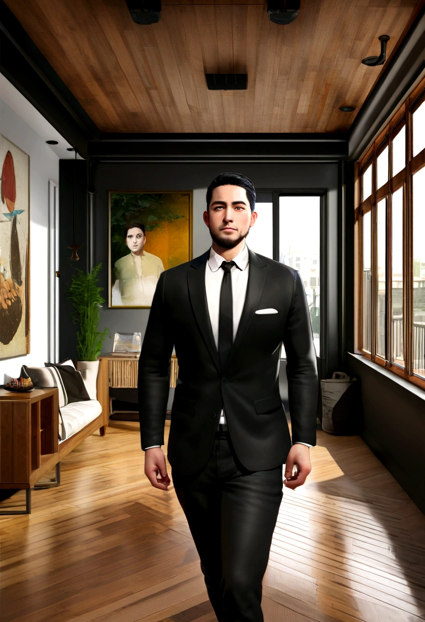 Hyperrealistic 3D Cartoon style character, 32 year old man, ideal fat body, short black hair, and wearing black suit and white shirt and black tie, yuppie, black olive, bohemian, dark academia interior design, contemporary architecture , photopainting, autodesk maya, boho clothing, blazers