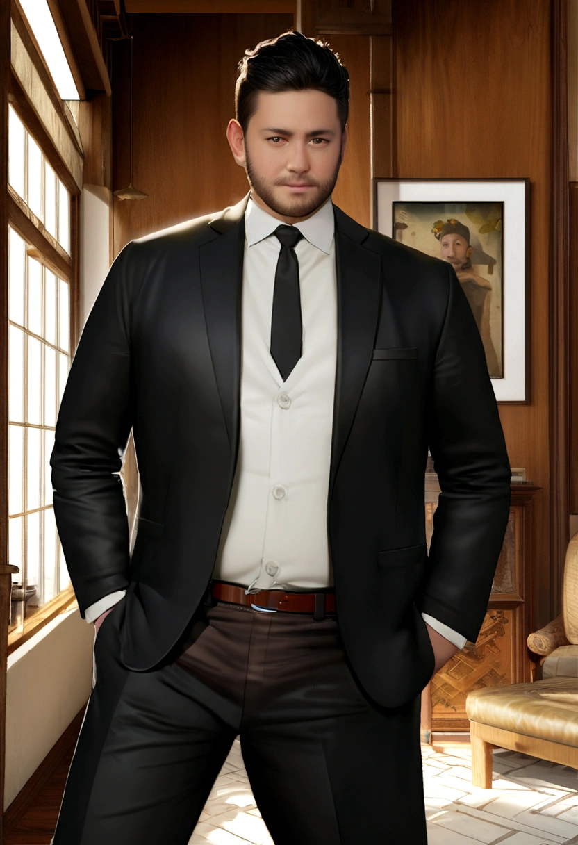 Hyperrealistic 3D Cartoon style character, 32 year old man, ideal fat body, short black hair, and wearing black suit and white shirt and black tie, yuppie, black olive, bohemian, dark academia interior design, contemporary architecture , photopainting, autodesk maya, boho clothing, blazers
