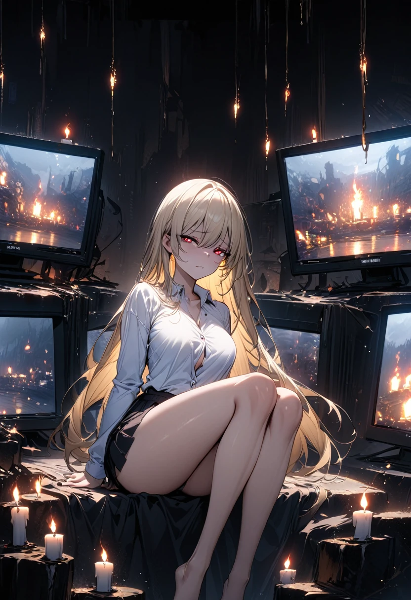 top-quality、Top image quality、masterpiece、girl with((Beautiful face、20yr old、Best Bust、big bust,Red eyes to issue,Valley、Blonde long hair、A slender and curvaceous body、white Y-shirt, unbuttoned, sitting down, seductive eyes、Black Belly Short Skirt、Large valleys))hiquality、Beautiful Art, long legs, tired face、Background with((darkened room、candle)),Depth((Numerous monitors))masutepiece、visualart、depth of fields、