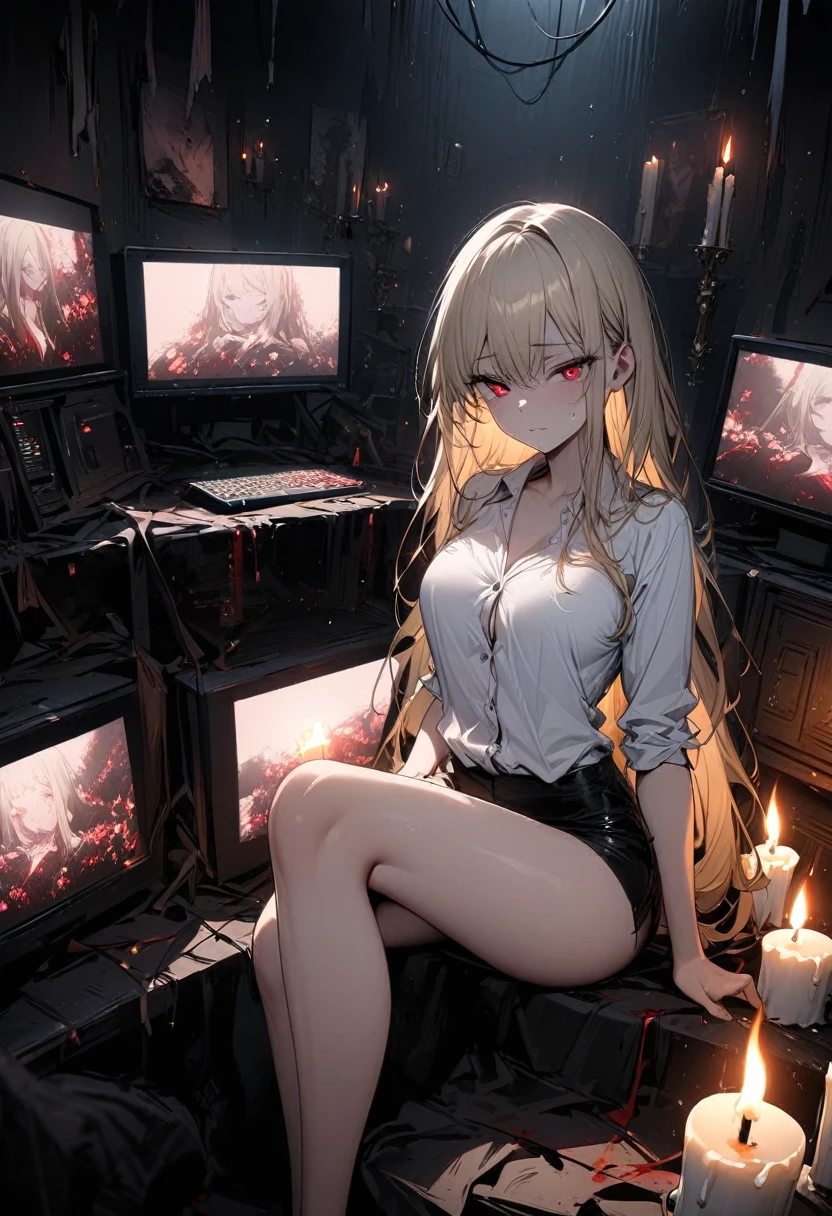 top-quality、Top image quality、​masterpiece、girl with((Beautiful face、20yr old、Best Bust、big bust,Red eyes to issue,Valley、Blonde long hair、A slender and curvaceous body、white Y-shirt, unbuttoned, sitting down, seductive eyes、Black Belly Short Skirt、Large valleys)）hiquality、Beautiful Art, long legs, tired face、Background with((darkened room、candle)),Depth((Numerous monitors))masutepiece、visualart、depth of fields、