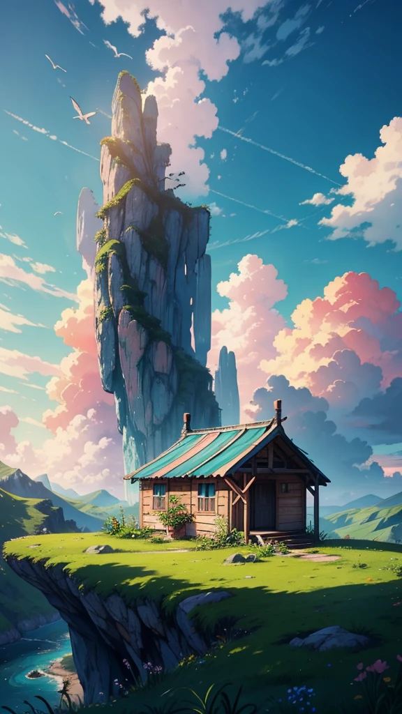 A small hut on top of a Valley, Green and Pink Clouds, Blue Sky,aqua environment , Storm,no humans,birds, piercing sunlight , sun