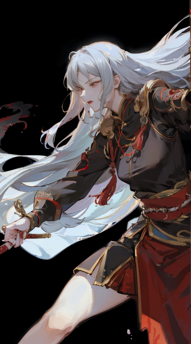 (((the best质量, high resolution, masterpiece, masterpiece, the best, high resolution))).(Pianfei), (the best质量), Very detailed, 1 girl, Perfect face, (Full body photo of the individual:1.3), Very detailed顔，Gray hair，long hair，Blood red eyes，crazy的表情，Sword-crazy woman，Sword Maniac，Maniacal expression，Battle maniacs，Fighting Stance，Samurai sword，Military coat，Blood all around，Fighting Stance，Sword in both hands，Nodachi，Extra long sword，Battle maniacs，Crazy expression，Pupil constriction，crazy，Bloodthirst，Extremely detailed facial expressions，Close-up of facial expressions，crazy的表情，An expression eager to fight，The expression of excitement due to the fight