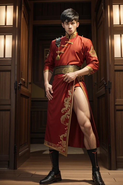 a young man having long legs, thick thighs, large hips, thin and narrow weist, and Chinese dress, very small spikey boyish haircut, man , wide hips, bearded man, man,penis bulge 