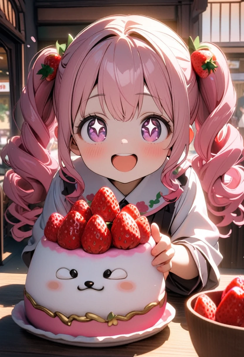 (8K, best quality, master piece: 1.2), super high resolution,1girl,8yo,ultra-detailed face, detailed eyes,Droopy eyes,sparkling eyes,very long twintails,pink hair,smooth curly hair,strawberry decoration hair accessories,pink eyes, small girl of small stature,cute,strawberry decoration pink ロリータファッション,holding a Strawberry topping Daifuku mochi,happy,open mouth,High Angle,Rim Light,ooking at viewer,There is a table in front of her,Inside a Japanese confectionery shop