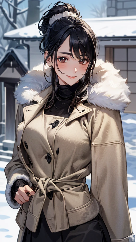 (masterpiece:1.3, Highest quality, Ultra-high resolution, Very detailed), (Realistic, photoRealistic:1.4), Beautiful illustrations, Perfect lighting, Natural light, colorful, Written boundary depth, winter、snow, Beautiful detailsまでこだわった髪, Beautifully detailed face, Beautiful details, Beautiful clavicle, Beautiful body,, Beautiful legs, Beautiful fingers, Shiny skin, Baby Face, Show Viewer,  1 Beauty, Japanese, single,20-year-old, (Perfect Anatomy, Anatomically correct, Very detailed肌), Cute and symmetrical face, Perfect Face, smile、Perfect Eyes, (Black Hair、Side Ponytel:1.4), Dark brown eyes, Long eyelashes, Medium Chest,, thin, Great style, , (Detailed cloth texture),(fur long coat:1.4), ((Thick turtleneck sweater：1.4)), ((Long skirt:1.4)),(Beautiful views), evening, (かわいらしいsmile, Lips parted),
