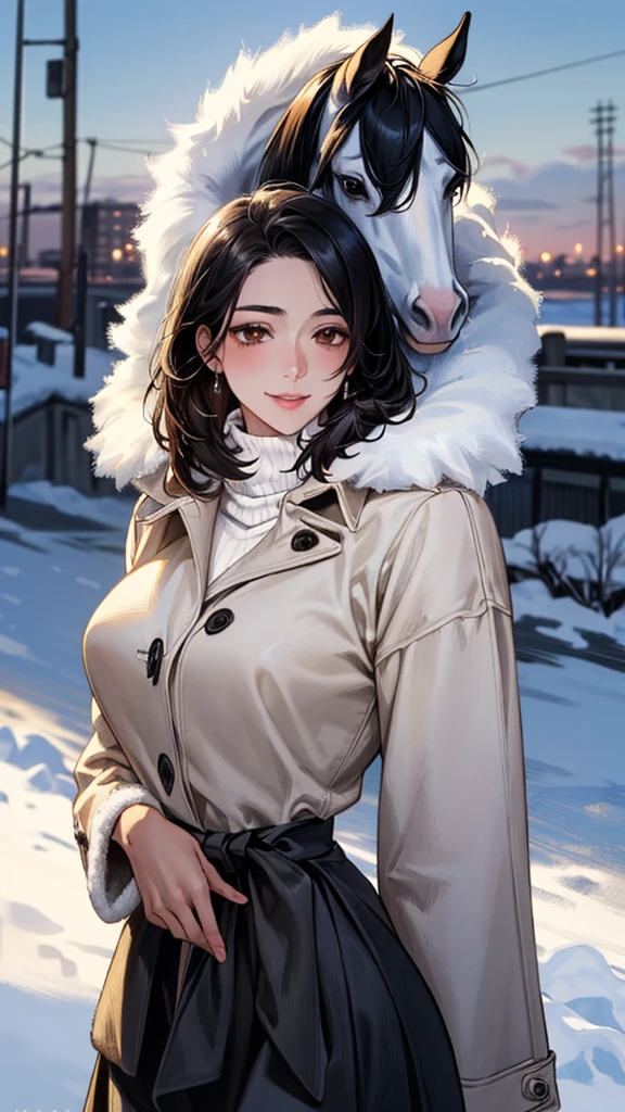 (masterpiece:1.3, Highest quality, Ultra-high resolution, Very detailed), (Realistic, photoRealistic:1.4), Beautiful illustrations, Perfect lighting, Natural light, colorful, Written boundary depth, winter、snow, Beautiful detailsまでこだわった髪, Beautifully detailed face, Beautiful details, Beautiful clavicle, Beautiful body,, Beautiful legs, Beautiful fingers, Shiny skin, , Show Viewer,  1 Beauty, Japanese, single,20-year-old, (Perfect Anatomy, Anatomically correct, Very detailed肌), Cute and symmetrical face, Perfect Face, smile、Perfect Eyes, (Black Hair、Side Ponytel:1.4), Dark brown eyes, Long eyelashes, Medium Chest,, thin, Great style, , (Detailed cloth texture),(fur long coat:1.4), ((Thick turtleneck sweater：1.4)), ((Long skirt:1.4)),(Beautiful views), evening, (かわいらしいsmile, Lips parted),
