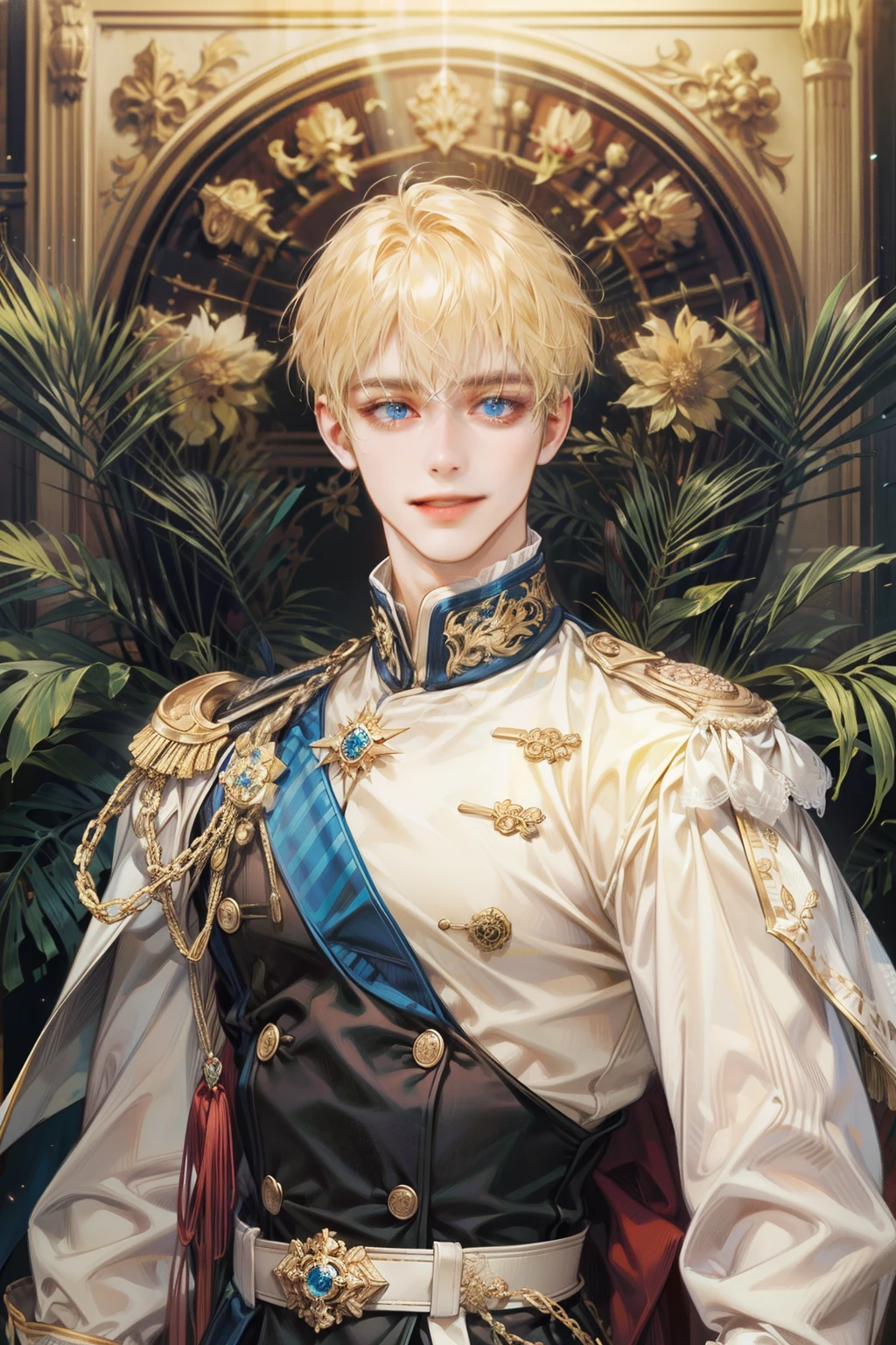 ((best quality)), ((masterpiece)), (detailed), man, solo, 20 years old, wide shoulder, muscle body, prince, blonde hair, blue eyes, ((europian uniform)), beauty face, smile, cute face, bangs