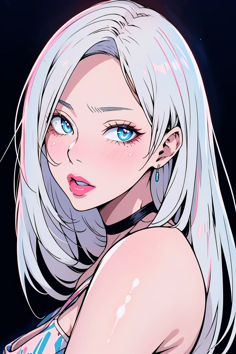 masterpiece, best quality, ultra-high-detailed, white hair, light blue eyes, looking to viewer,  black background, upper shoulder , manghwa style, age 25, pierching , pink lipstick , eyeshadow