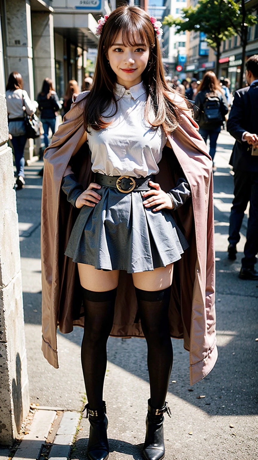 (8k、RAW Photos、Highest quality、masterpiece:1.2)、(Realistic、Realistic)、1 girl、((In town、smile、Big Breasts、tights、Cape、belt、pink、mini skirt、Frills、Ribbon on chest、Wizard Costume、boots、Look forward、Stand with hands on hips))、