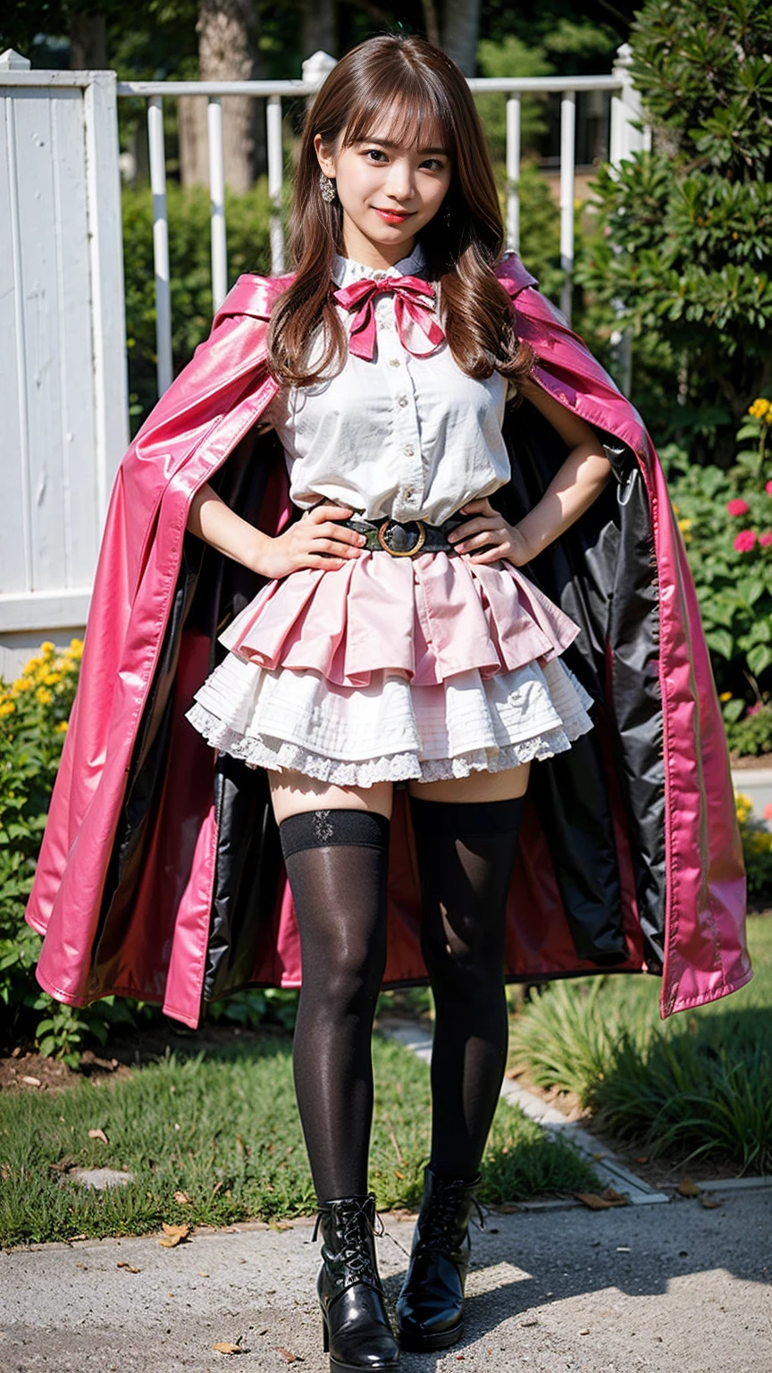 (8k、RAW Photos、Highest quality、masterpiece:1.2)、(Realistic、Realistic)、1 girl、((In town、smile、Big Breasts、tights、Cape、belt、pink、mini skirt、Frills、Ribbon on chest、Wizard Costume、boots、Look forward、Stand with hands on hips))、