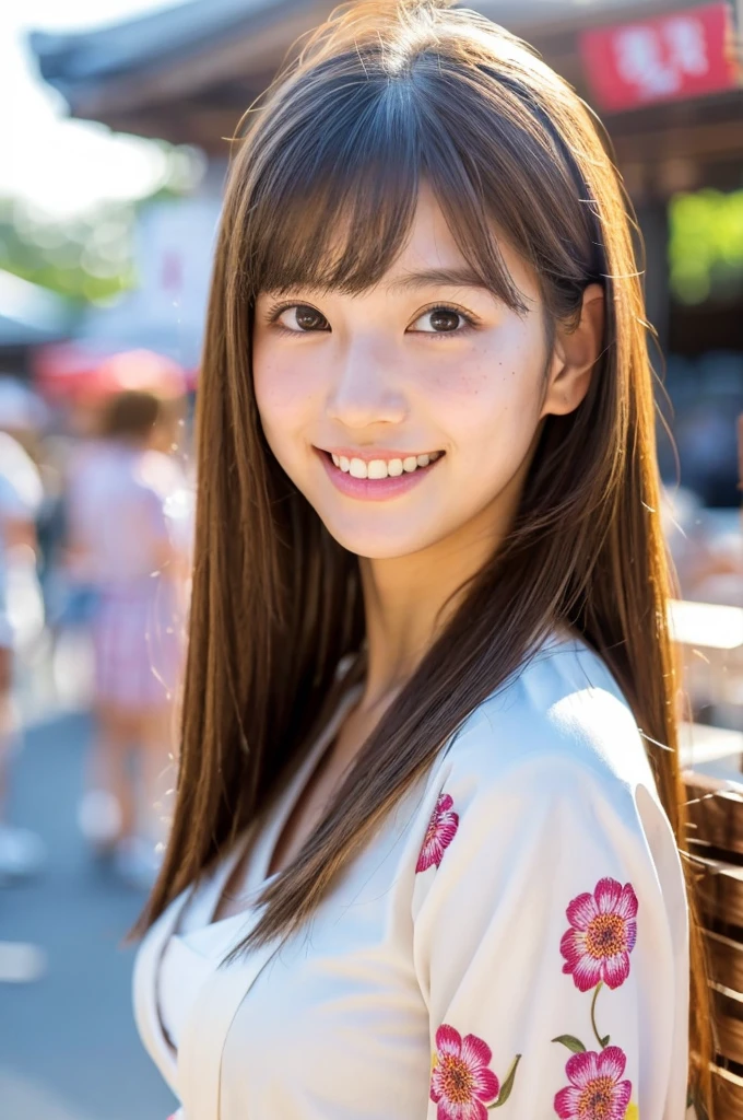 Japanese traditional kimono, flower pattern yukata, summer festival night stall, first year high school student, ((full body)), ((photo)), ((best qualtiy, 8K, tmasterpiece:1.3)), Focus:1.2, perfect figure beautiful girl:1.4, 1girl, cowboy shot, look at viewer, incredibly absurd, beautiful and cute girl with a photorealistic face, showcasing top-quality craftsmanship, A Japanese girl walking around looking at the food stalls at a summer festival on a night, , straight hair that reaches about 10cm below the shoulders, light brown hair color, shiny hair, bangs cut straight above the eyes, hair tucked behind the ears, soft round face, large almond-shaped eyes, light brown eye color, long eyelashes, thin and neat eyebrows, small nose with a straight bridge, cherry-colored lips, bright smile, white teeth, smooth skin, fair skin, light pigmentation, freckles, average height, supple body, well-balanced proportions, small A-cup breasts, beautiful girl, neat, moe, cheerful, curious, friendly, polite, responsible, likes festivals and events, August