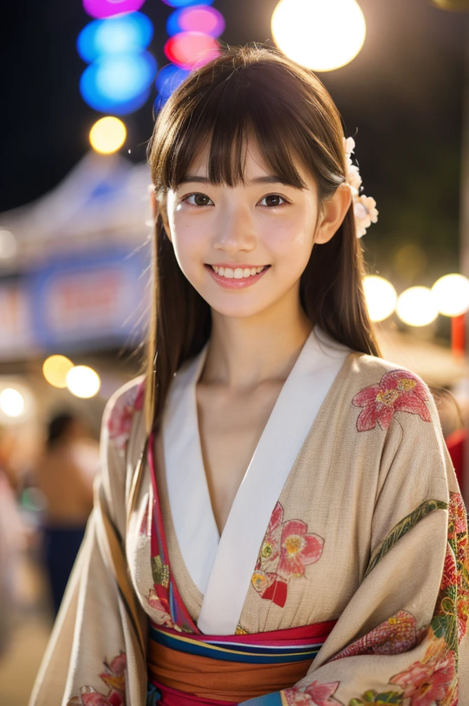Japanese traditional kimono, flower pattern yukata, summer festival night stall, first year high school student, ((full body)), ((photo)), ((best qualtiy, 8K, tmasterpiece:1.3)), Focus:1.2, perfect figure beautiful girl:1.4, 1girl, cowboy shot, look at viewer, incredibly absurd, beautiful and cute girl with a photorealistic face, showcasing top-quality craftsmanship, A Japanese girl walking around looking at the food stalls at a summer festival on a night, 15 years old, straight hair that reaches about 10cm below the shoulders, light brown hair color, shiny hair, bangs cut straight above the eyes, hair tucked behind the ears, soft round face, large almond-shaped eyes, light brown eye color, long eyelashes, thin and neat eyebrows, small nose with a straight bridge, cherry-colored lips, bright smile, white teeth, smooth skin, fair skin, light pigmentation, freckles, average height, supple body, well-balanced proportions, small A-cup breasts, beautiful girl, neat, moe, cheerful, curious, friendly, polite, responsible, likes festivals and events, August