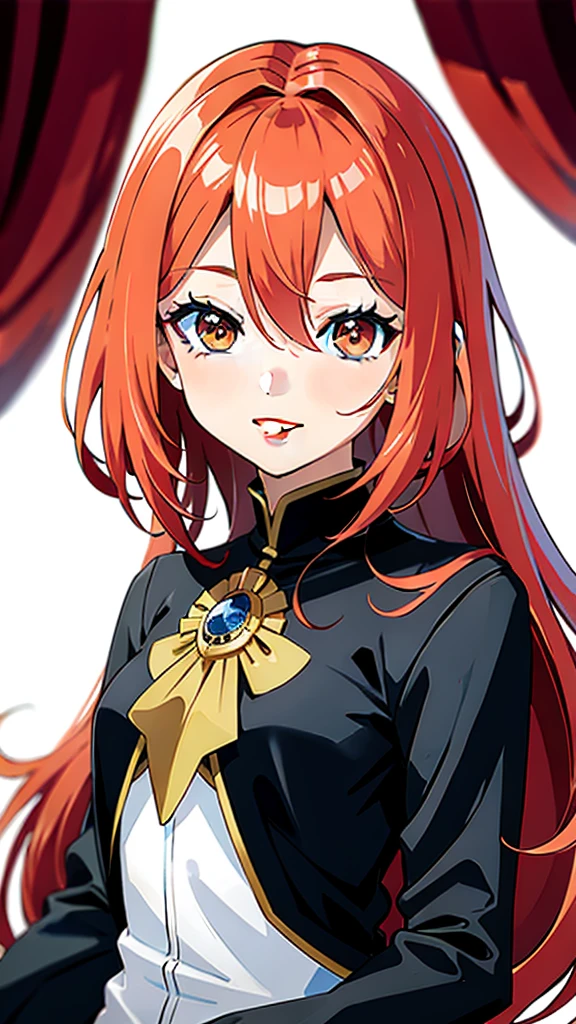 garota de anime com cabelo ruivo e gravata borboleta, [[[[galsoning evily]]]], bright red head, com olhos vermelhos brilhantes, lindo retrato de anime, impressionante retrato de rosto de anime, also, com olhos vermelhos brilhantes, sorriso astuto, retrato detalhado de garota anime, com olhos brilhantes, ****** anime de cabelo laranja, retrato de uma garota de anime