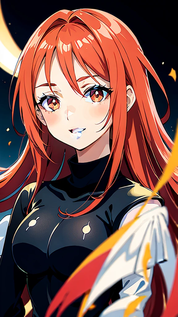 garota de anime com cabelo ruivo e gravata borboleta, [[[[galsoning evily]]]], bright red head, com olhos vermelhos brilhantes, lindo retrato de anime, impressionante retrato de rosto de anime, also, com olhos vermelhos brilhantes, sorriso astuto, retrato detalhado de garota anime, com olhos brilhantes, menino anime de cabelo laranja, retrato de uma garota de anime