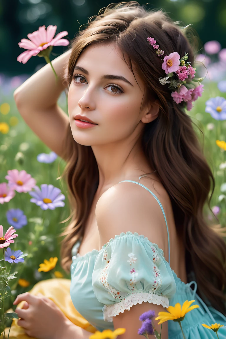 A serene 23-year-old woman with brown hair and brown eyes, sitting or lying in a colorful flower meadow, stretching her arms to the sides and enjoying the moment. She is wearing a romantic pastel-colored summer dress with flowers in her hair. The background is a vibrant flower meadow or botanical garden. Photorealistic, high resolution, with bright, natural outdoor lighting. best quality, intricate details, highly detailed, sharp focus, detailed skin, Realistic skin texture, texture, detailed eyes, professional, shot on Canon, 85mm, shallow depth of field, Kodak Vision Colors, perfectly shaped body, extremely detailed, photo_\(ultra\), photoRealistic, Realistic, Post-processing, maximum detail, roughness, Real life, ultra Realistic, photorealism, photography, 8k hd, photography