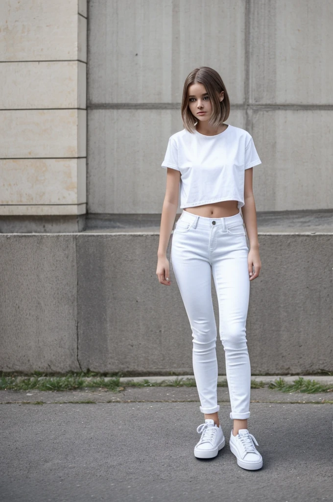 A girl about 16-17 years old. Mit braunen langen Haaren, white crop top and blue skinny jeans. She wears white shoes