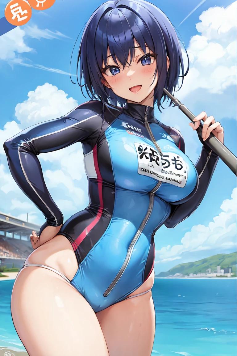 michirutojo, masterpiece, Looking at Viewer,
blue hair, large breasts,

racing suit,
Wink, Smile, Open mouth, blush,