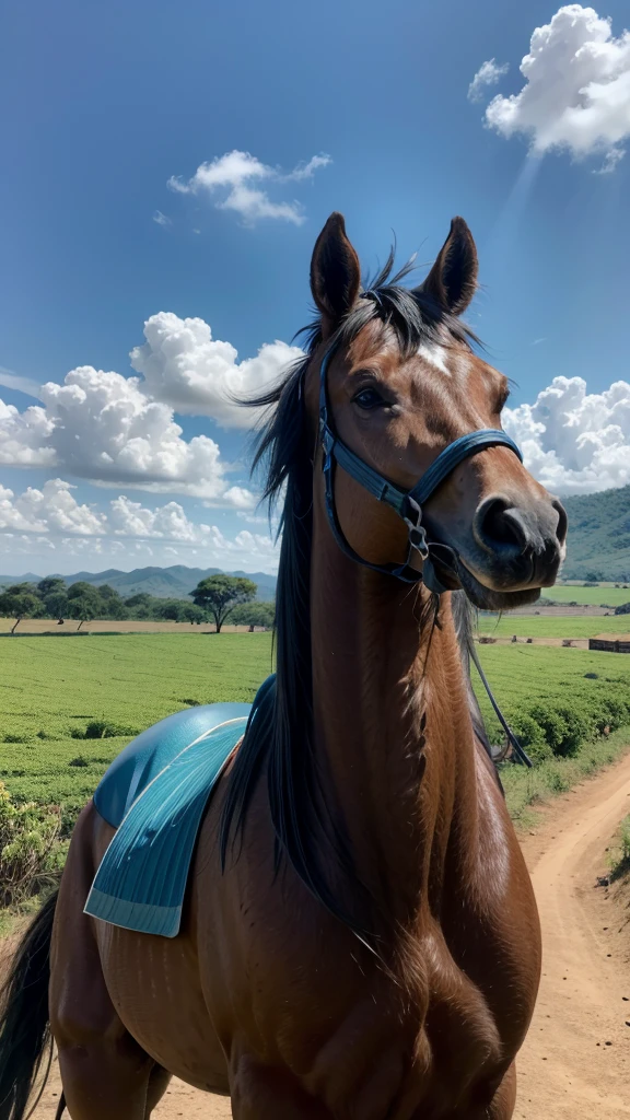 fundo fazenda com cavalos e o ceu azul com nuvens mais palido
