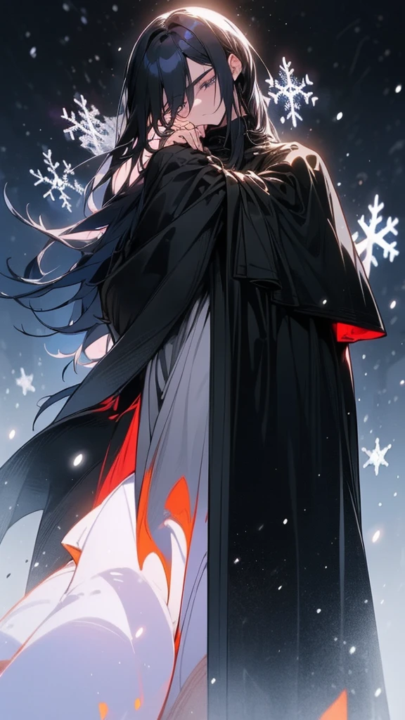 ((((vibrant dark lighting, evening, snow, town, The Night's Martyr))), 1man, serious, standing, smart (hair), black hair over eye:1, shoulder-length hair, pale skin, glowing eyes, dark eyes, ((half closed eyes)), ((perfect face)), ((defined eyes)), ((broad shoulders)), ((male body)), ((detailed body)), (dark clothing), ((black coat))), jangwoo on neck, face, focus, (wide shot), outdoors, snow, ((snowflakes))), 30 years old, ((head tilt)), ((cool)))