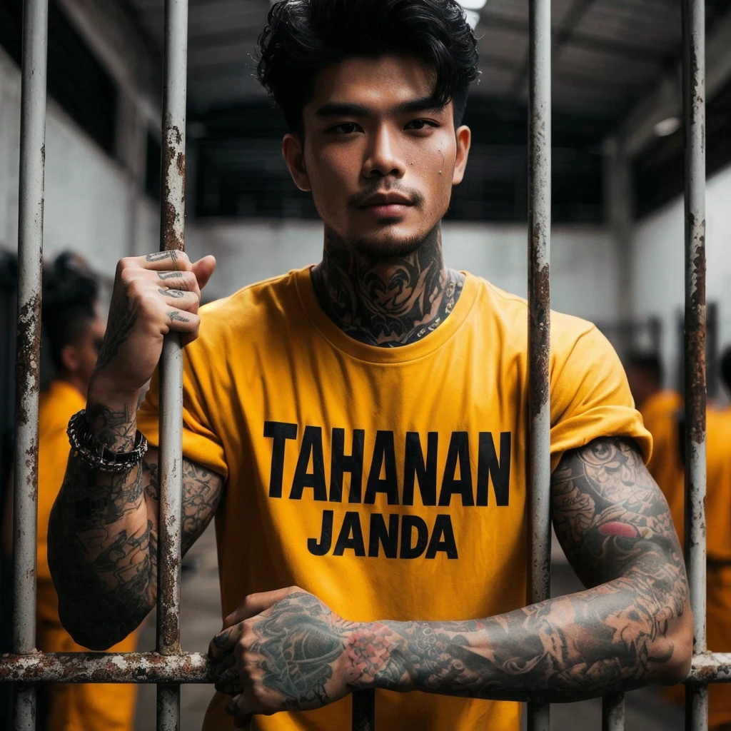 Indonesian man with tattoos on his arms wearing a yellow t-shirt that says "TAHANAN JANDA", standing behind the prison fence, he is holding the fence, his gaze is sharp, his body is sweaty, front view shot from behind the prison fence, high quality portrait, editorial photography, prison photography, 1024px profile pictures, mid shot portraits, editorial photos,