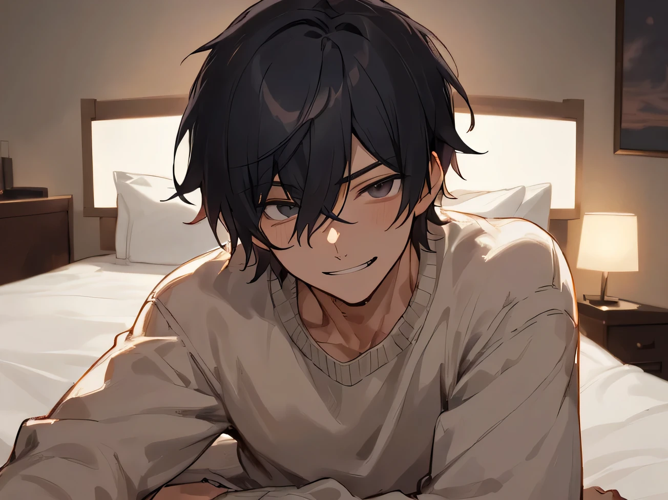 Working Adults.,male,Handsome,Cool vibe,I,Black-haired,mash,Gloomy mood(Masseter muscle area,Viewer Perspective,Upper Body,Face close-up,Horny,Wicked Smile,Yandere atmosphere,,Night atmosphere,sweater,,Hotel room bed、