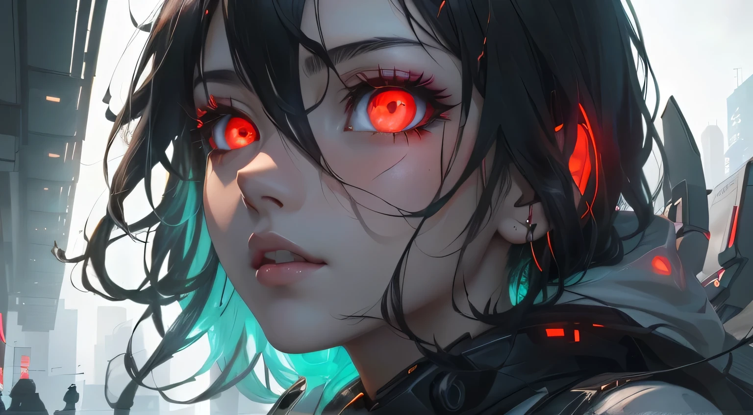 anime girl with red eyes and black hair in a city, with red glowing eyes, with glowing red eyes, anime cyberpunk art, detailed digital anime art, red eyes glowing, cyberpunk anime art, digital cyberpunk anime art, glowing red eyes, red glowing eyes, intense watery glowing red eyes, fully red eyes, luminous red eyes, with red eyes