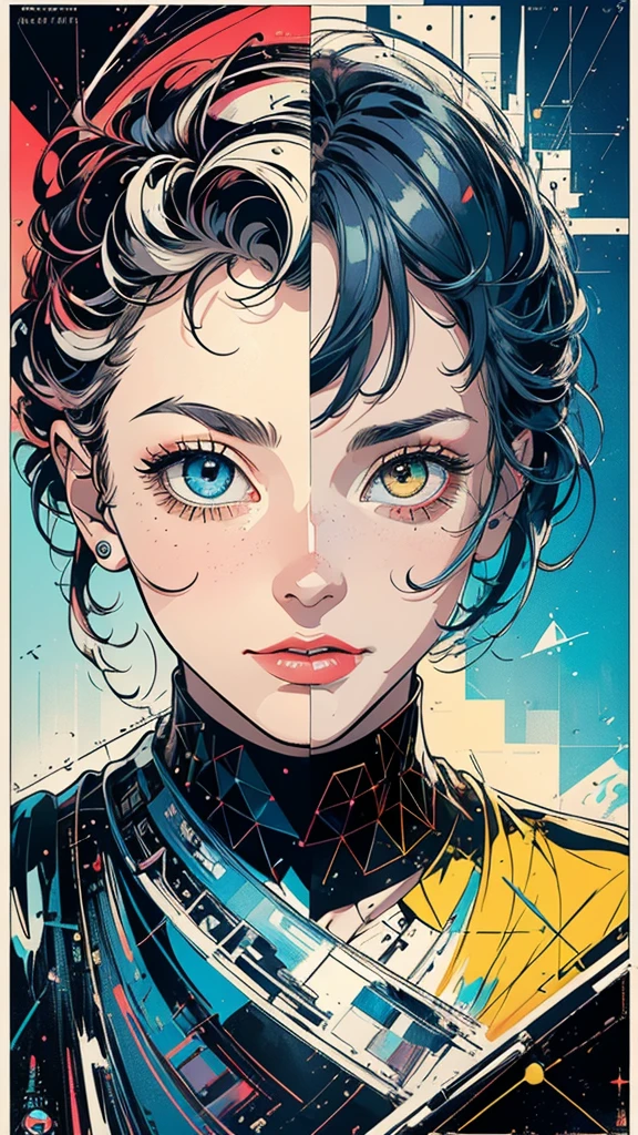 (((masterpiece, highest quality))),(((solo:1.2))),(((1girl:1.2))),32k wallpaper, very detailed, poster, vintage science fiction, 1960s,(((((geometric cinematic movie poster))))), (bauhaus), shape,(((abstract))), mid century modern, movie poster, vintage, Perfect Lady,1970's, halftone, speech bubble,(((portfolio,Close-up))),(((various angle))),(((bust up))),((highlight)),Vast landscape,((((heterochromia)))),(((complete. detailed face))),(((Extremely talented))),(((most complecated machine))),((Overall colorfully))