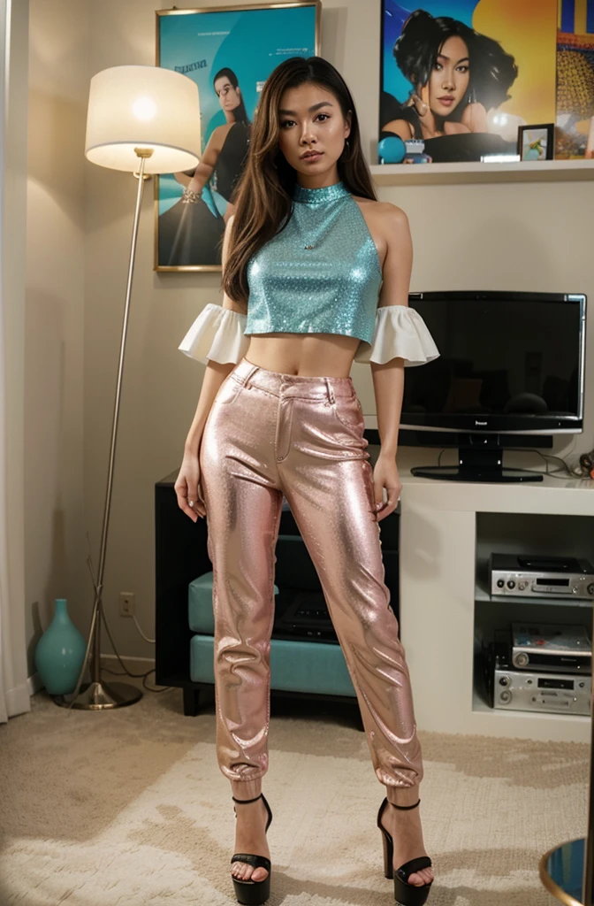 “Develop an HD Ultra Realistic image of Young Attractive Asian Woman Sophie Tan posing for a Y2K fashion editorial. Sophie is wearing a glittery turquoise crop top paired with matching high-waisted bell-bottom pants and chunky platform heels. She stands in a retro-futuristic living room with a large CRT television, vinyl records, and a lava lamp. Capture this scene using a professional camera with a 35mm lens, focusing on Sophie’s relaxed yet stylish pose and the intricate details of her outfit (1.3). The room’s elements should be slightly blurred to highlight Sophie, and post-production should enhance the colors with a nostalgic filter and add a soft glow effect to mimic the dreamy, nostalgic vibe of Y2K fashion (1.4).”