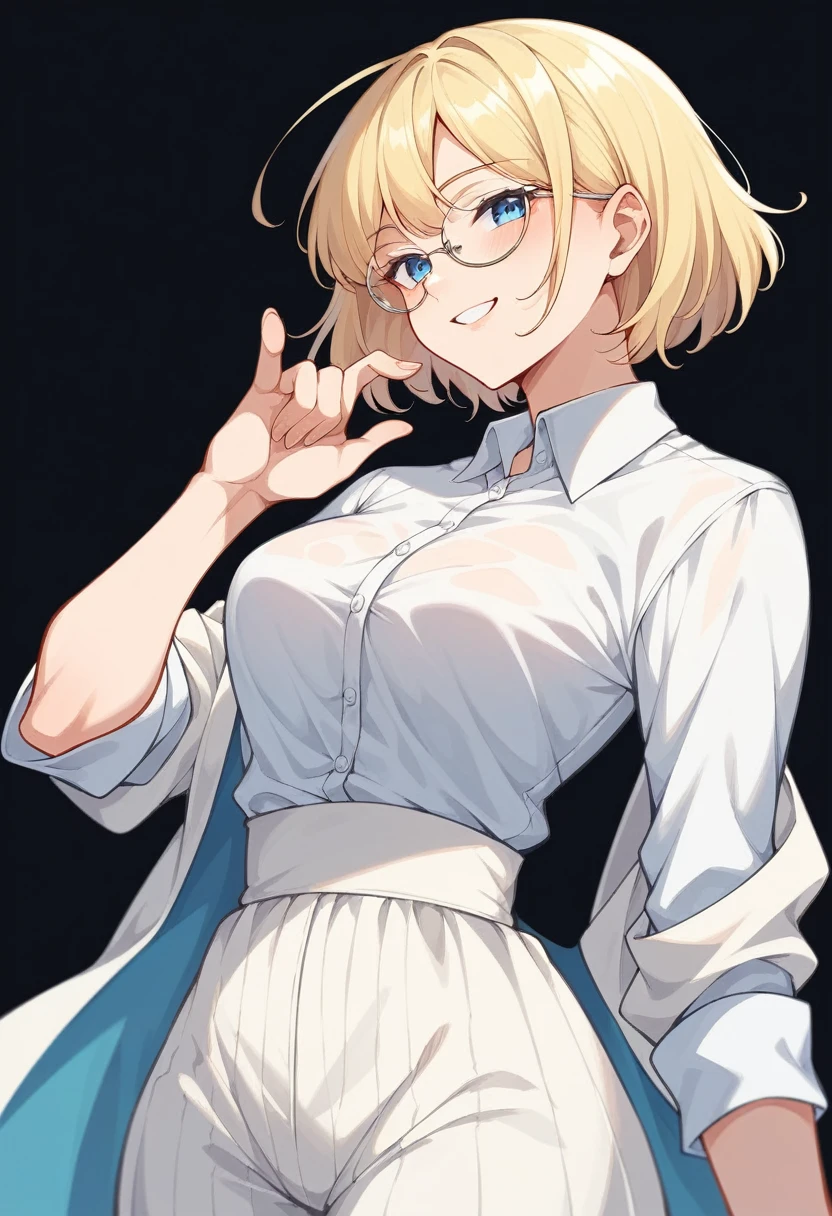 beautiful woman, beautiful face, solo, standing, medium bob cut blonde hair, light blue eyes, two points glasses, medium breasts, blue opened short jacket, white under shirt, white pleats long skirt, soft smile, (pinch one's her glasses), temptation pose, black background, no background, pastel 2d art, matte painting, anime, masterpiece 